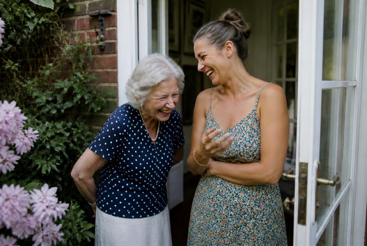 An older woman and her adult granddaughter laughing together in the doorway of a British home