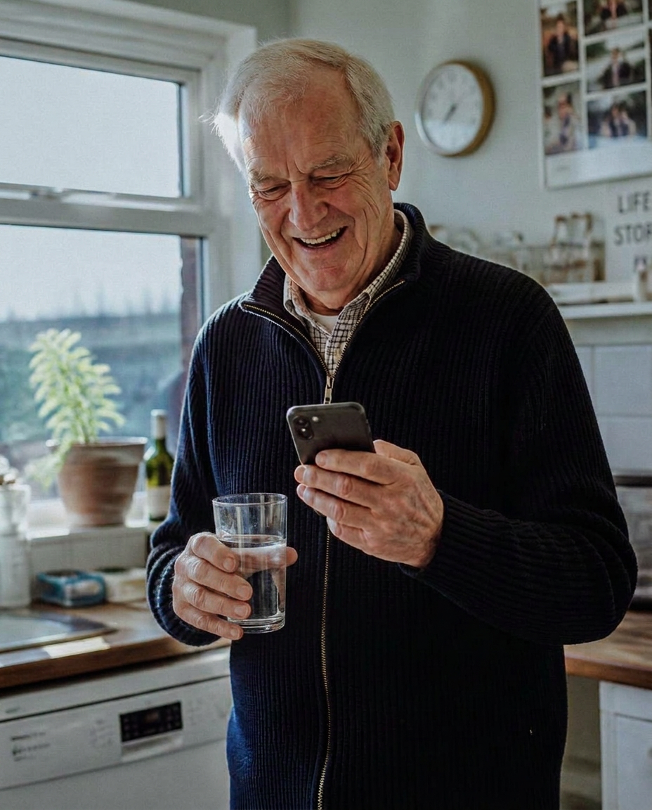 A man in his seventies smiling as he reads a reminder on his phone, glass of water in hand, in his sunlit kitchen