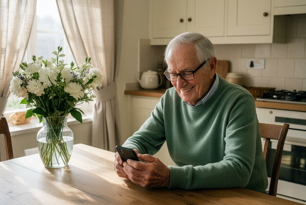 A man in his seventies smiling as he reads a reminder on his phone in his sunlit kitchen